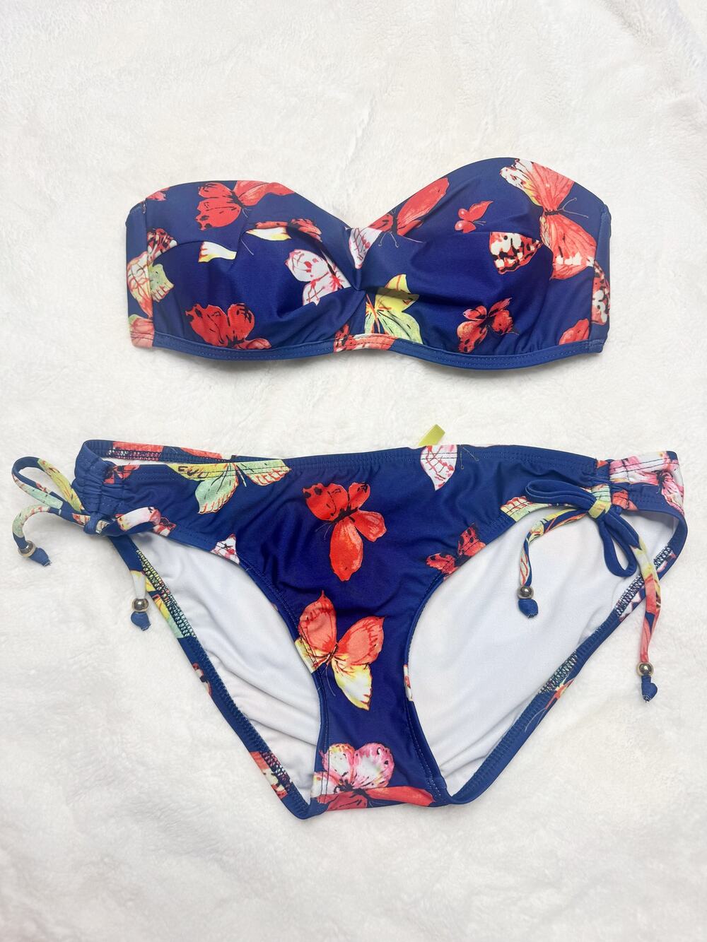 GIANNI BINI Navy Blue Butterfly Print Bandeau Bikini Swimsuit Set NEW Medium